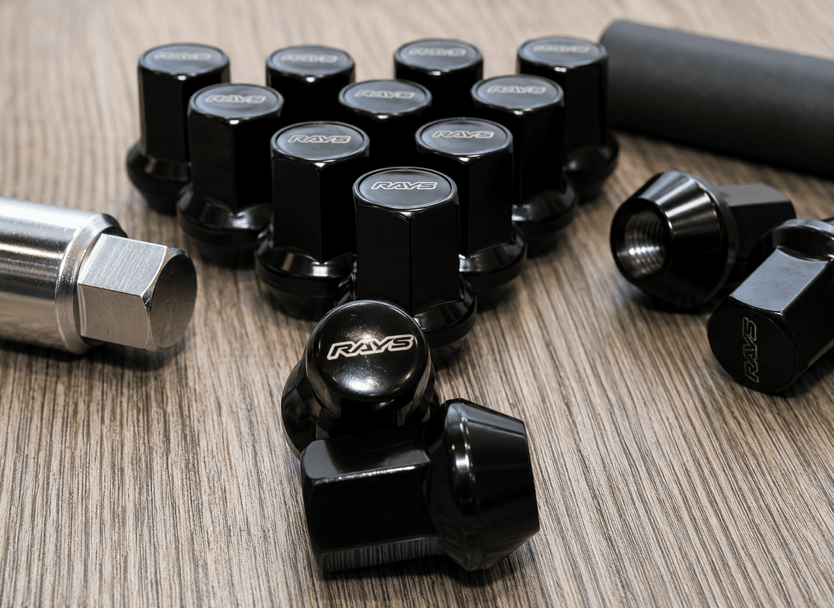 RAYS Engineering Official Japan 17HEX Nut & Lock Set - M12 x P1.25 (Black) - 20 PCS — image 1