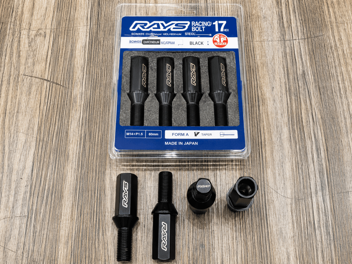 RAYS Engineering Official Japan 17 Hex Racing Bolt Set - 48mm M14 x P1.5 (Neck Length 28mm / Black Plated) - 4 PCS PACK — image 1