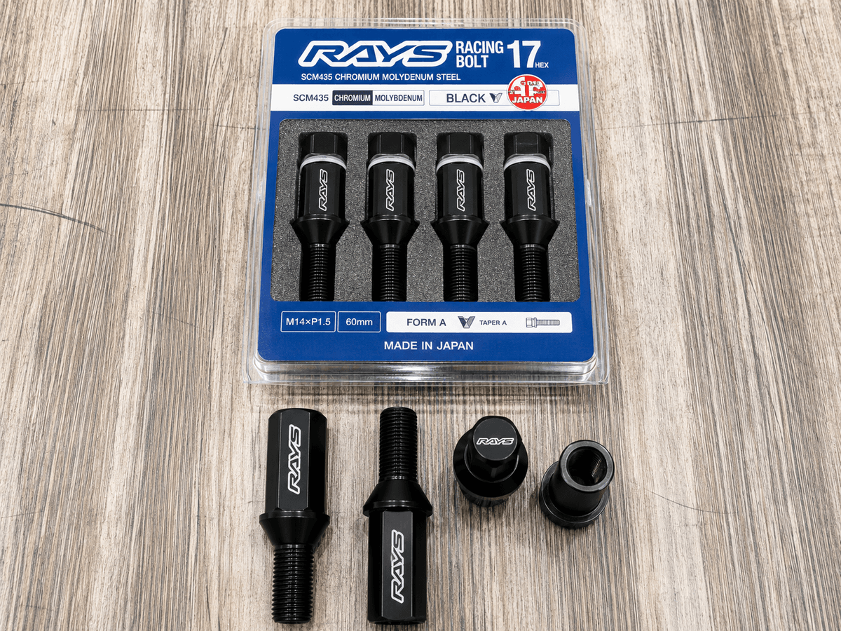 RAYS Engineering Official Japan 17 Hex Racing Bolt Set - 48mm M14 x P1.5 (Neck Length 38mm / Black Plated) - 4 PCS PACK — image 1