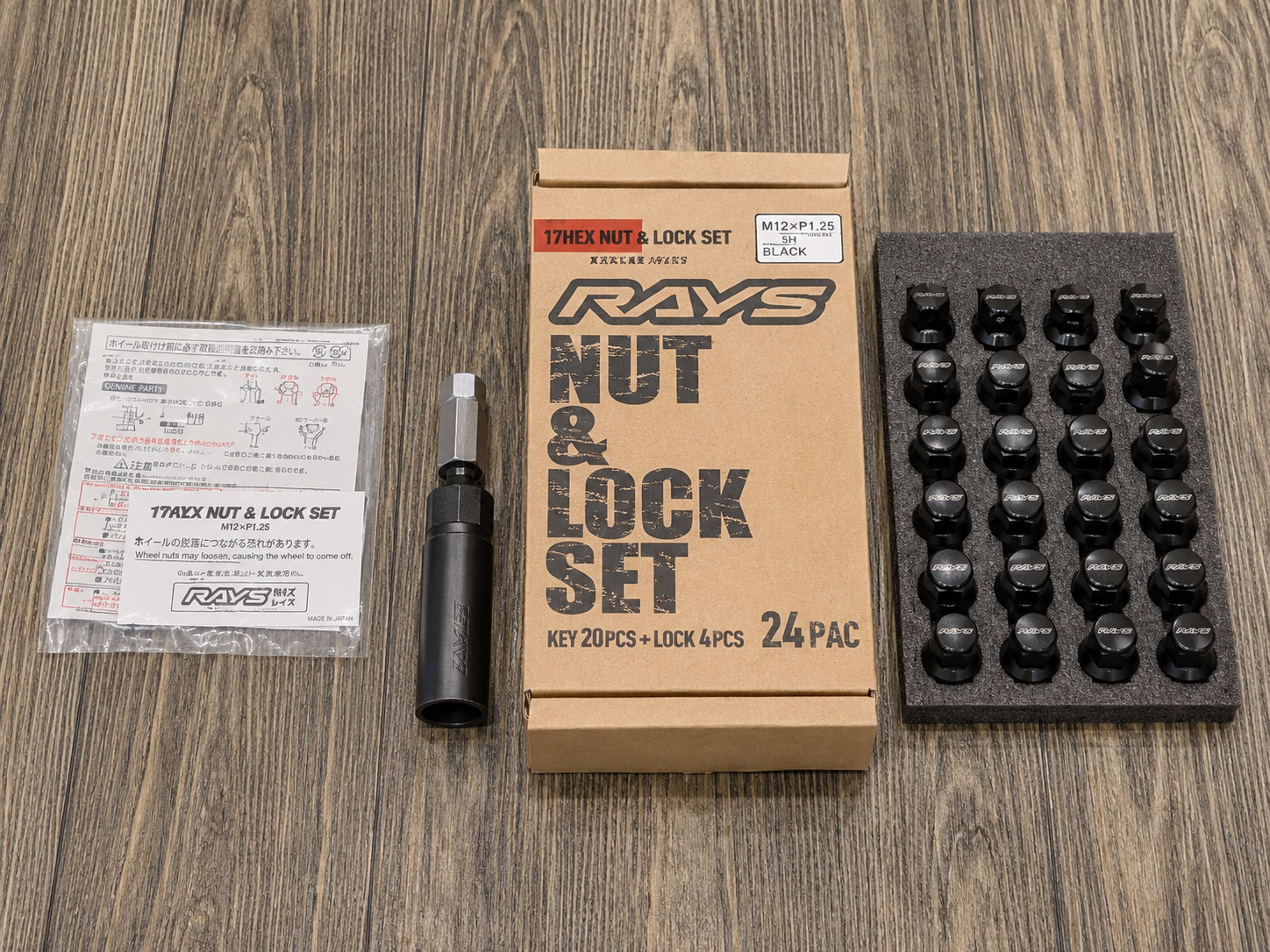 RAYS Engineering Official Japan 17HEX Nut & Lock Set - M12 x 1.50 (Black Finish) - 24 PAC