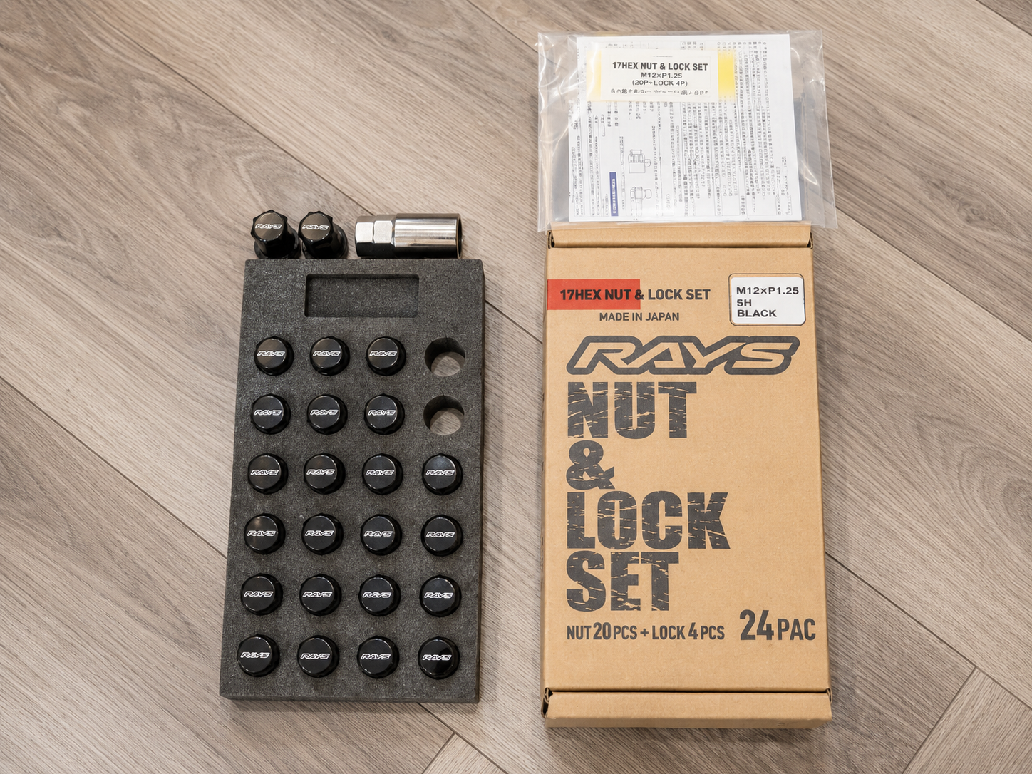 RAYS Engineering Official Japan 19HEX Nut & Lock Set - M14 x 1.50 (Black Finish) - 24 PAC