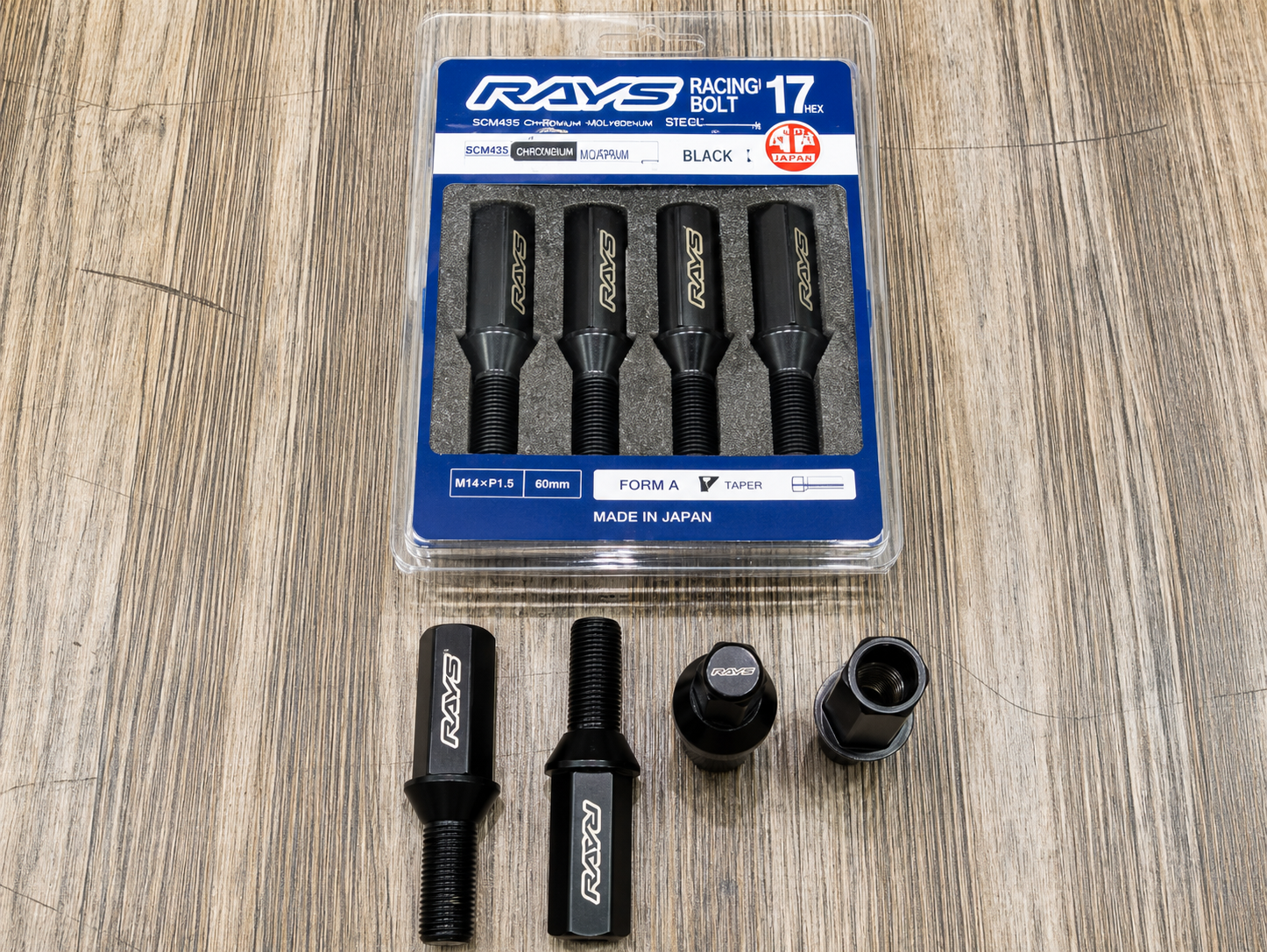 RAYS Engineering Official Japan 17 Hex Racing Bolt Set - 48mm M14 x P1.5 (Neck Length 28mm / Black Plated) - 4 PCS PACK