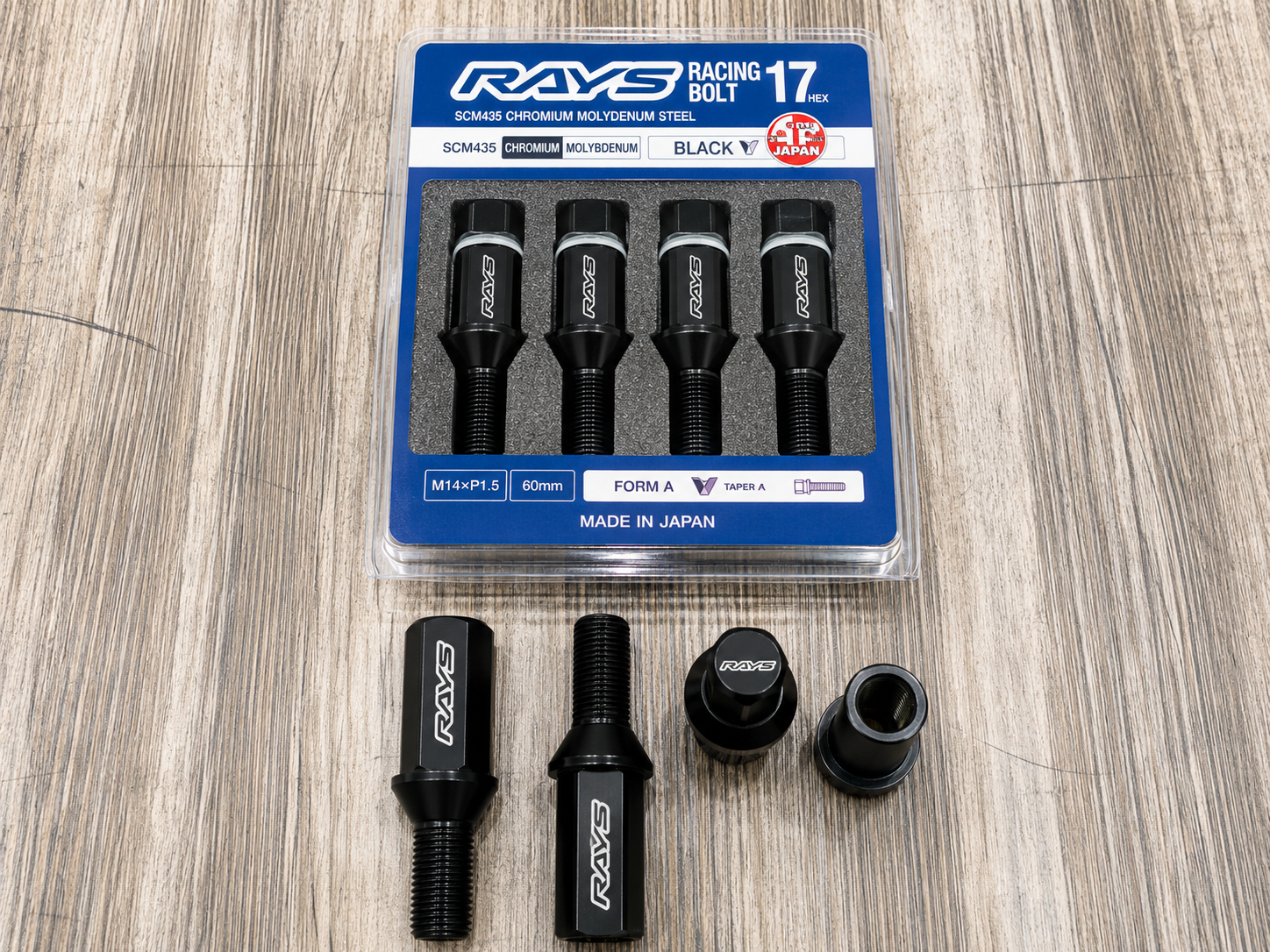 RAYS Engineering Official Japan 17 Hex Racing Bolt Set - 48mm M14 x P1.5 (Neck Length 38mm / Black Plated) - 4 PCS PACK